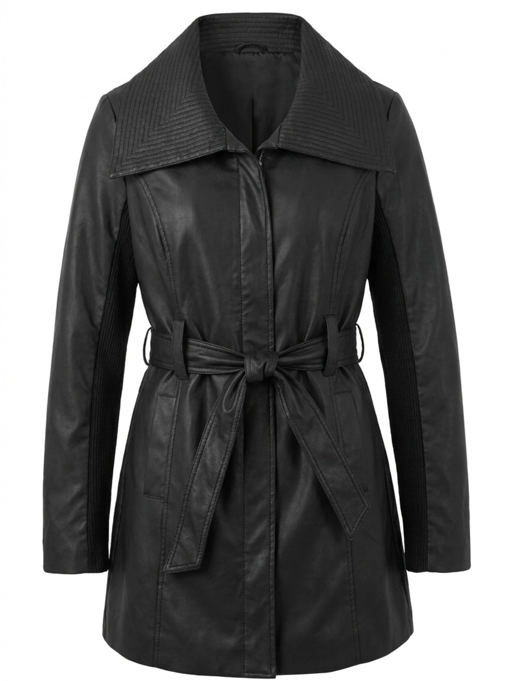 therapy Black Leather Belted Trench Coat